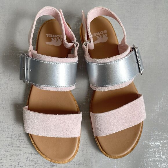 Sorel Ella ll Suede Leather Slingback Buckle Flat Sandal Pink Silver US 6 M - Picture 1 of 14